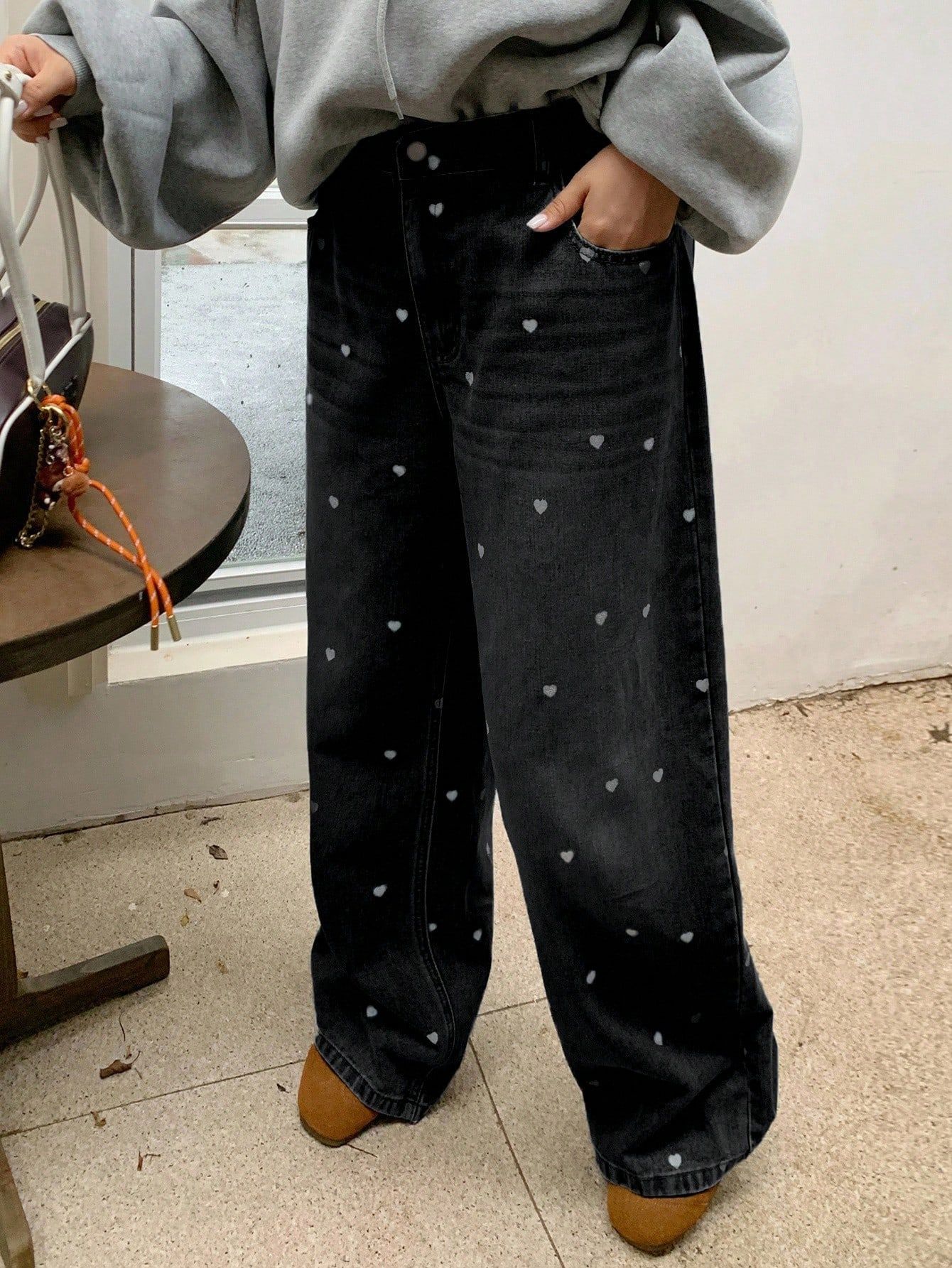 Plus Size Women All Over Heart Print Black Washed Wide Leg Jeans High Waist Loose Baggy Floor Length Casual Streetwear Denim Pants For Curvy Figures