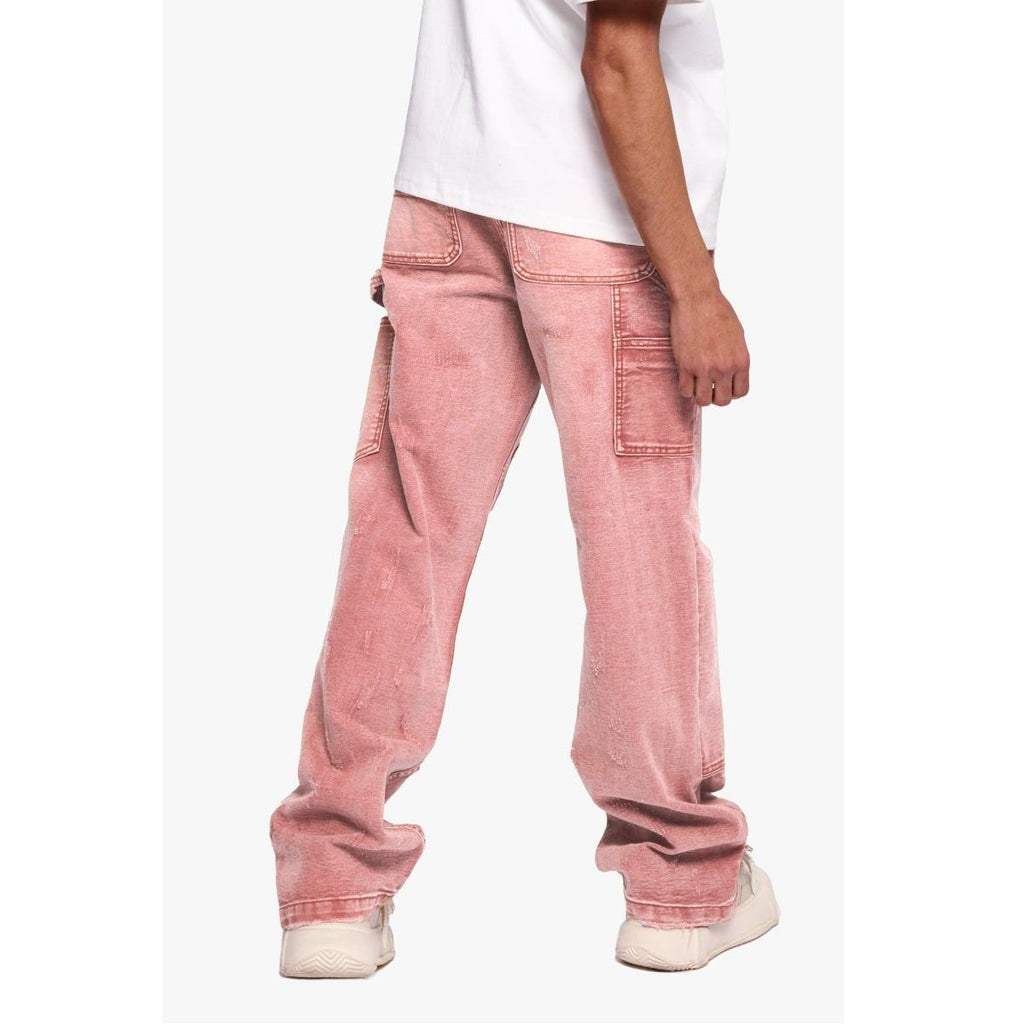Pink Washed Cargo Jeans | Distressed Wide Leg Denim Pants with Multi-Pockets