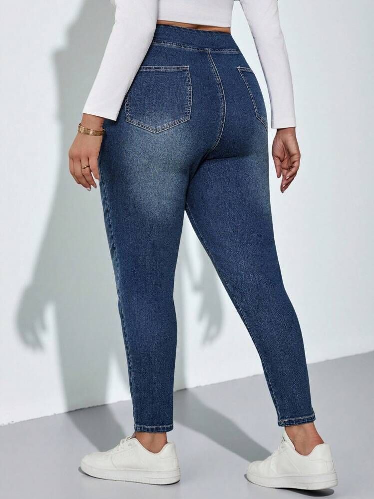 Plus Size Women High Waist Elastic Side Band Skinny Ankle Jeans Dark Blue Stretch Washed Cropped Denim Pants For Curvy Figures