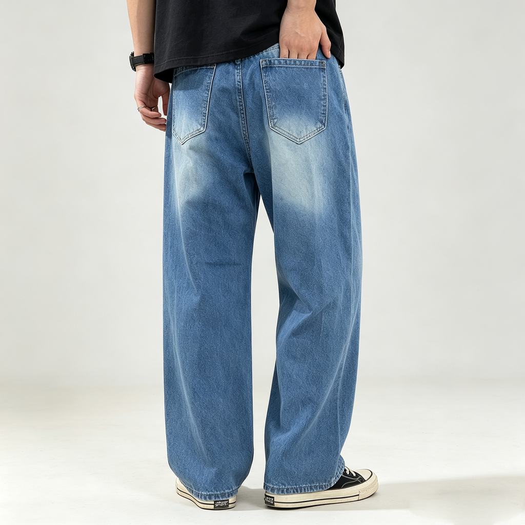 Men's Light Wash Straight Leg Jeans - Loose Fit Denim Pants with Lightning Bolt Frayed Patchwork
