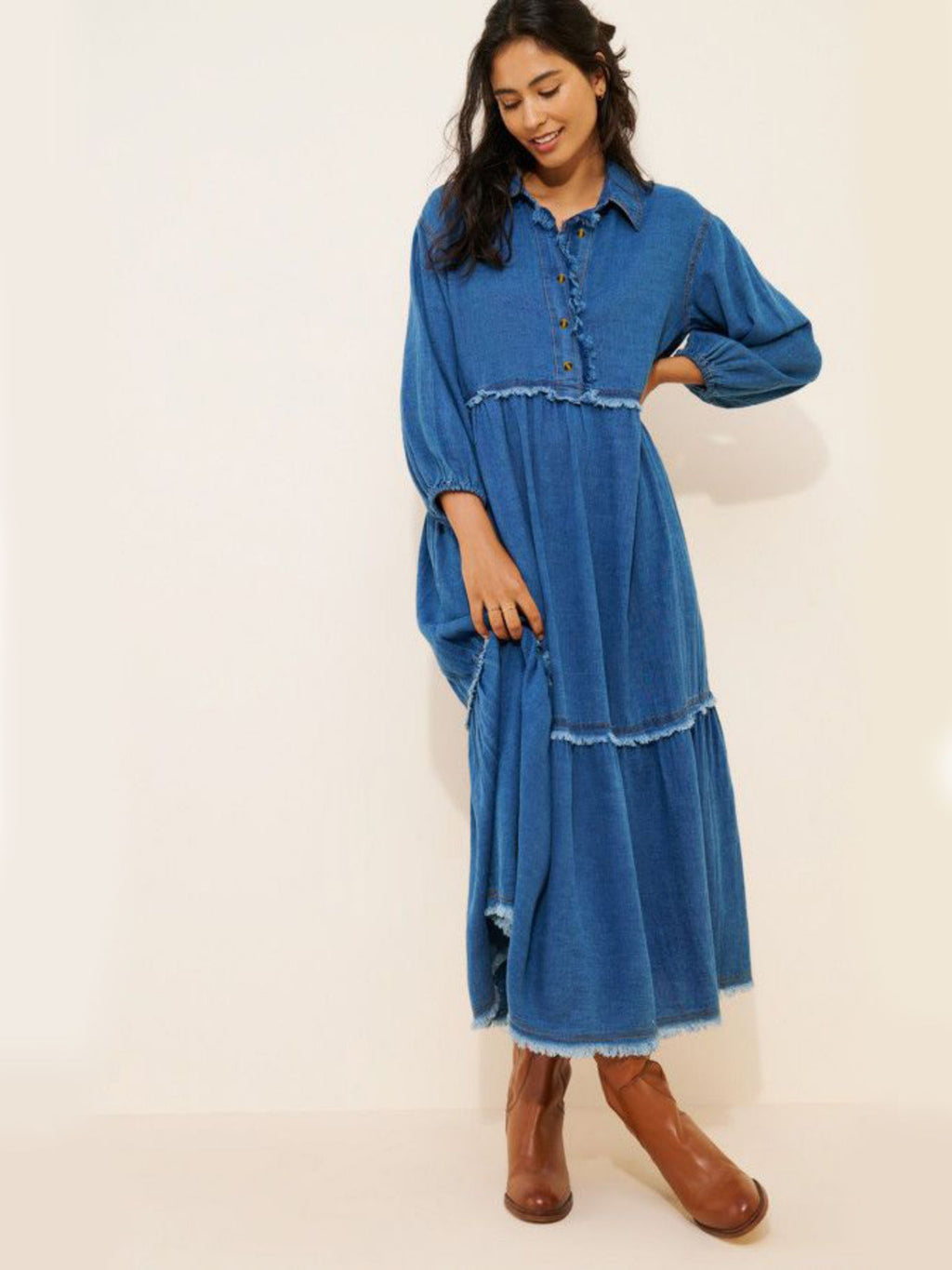 Plus Size Women Frayed Tiered Denim Midi Dress Collar Half Button 3/4 Puff Sleeve Loose Casual Babydoll Jean Dress For Curvy Figures