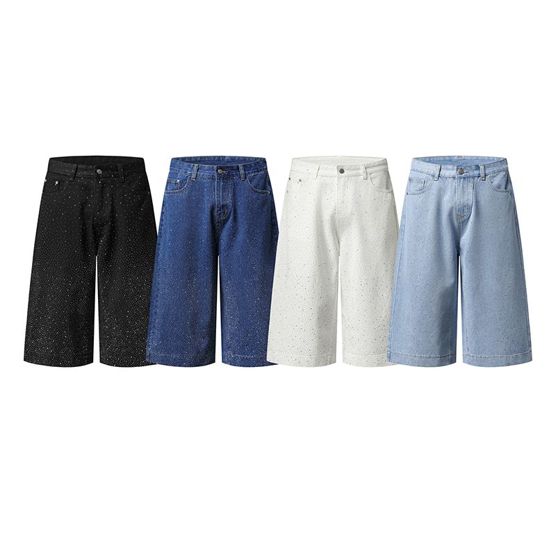 Rhinestone Denim Bermuda Shorts | Multi-Color High Waist Wide Leg Jorts for Women