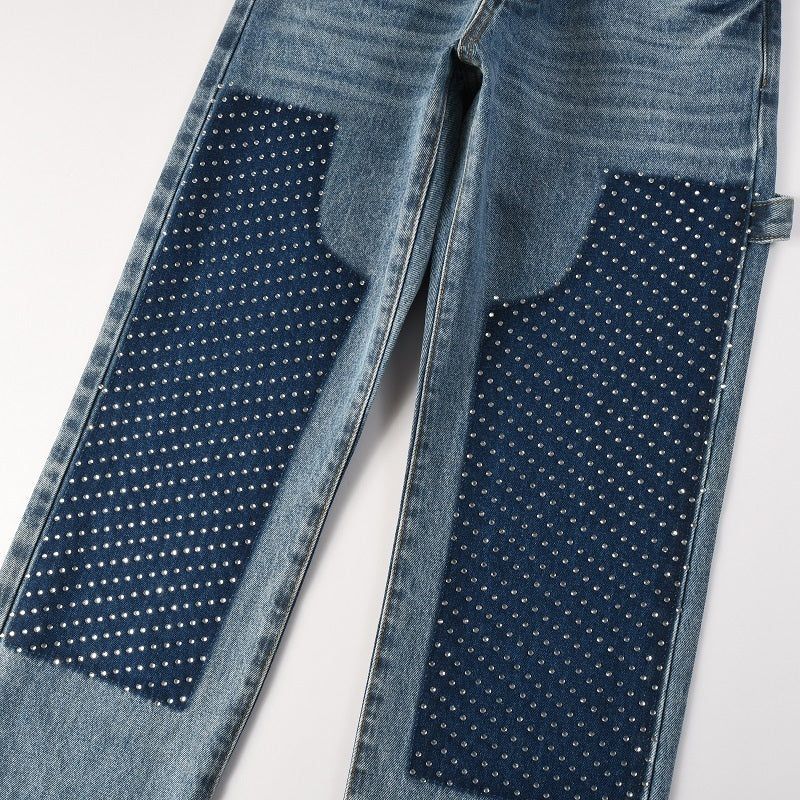 Blue Washed Carpenter Jeans | Studded Knee Patch Relaxed Fit Denim Pants