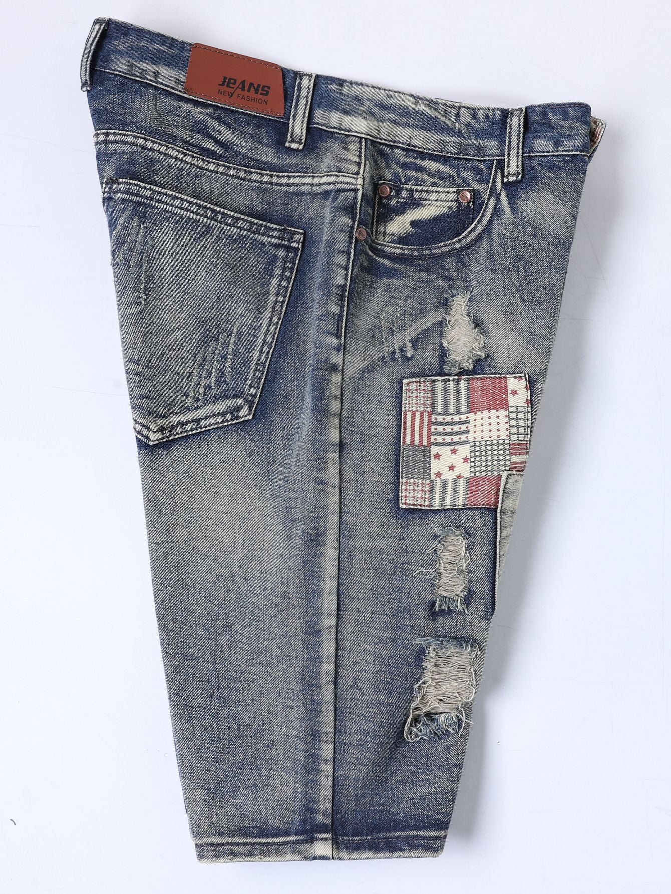 Men's Vintage Washed Denim Shorts - Distressed Patchwork Jean Shorts with Star Print Patches