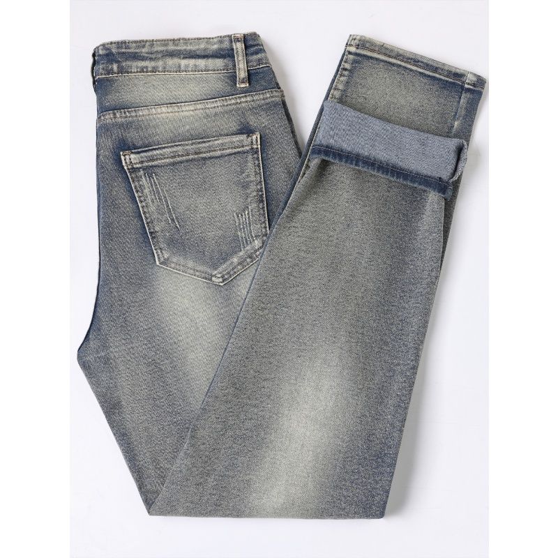 Men's Vintage Washed Biker Jeans - Slim Straight Leg with Patterned Patchwork & Zipper Detail