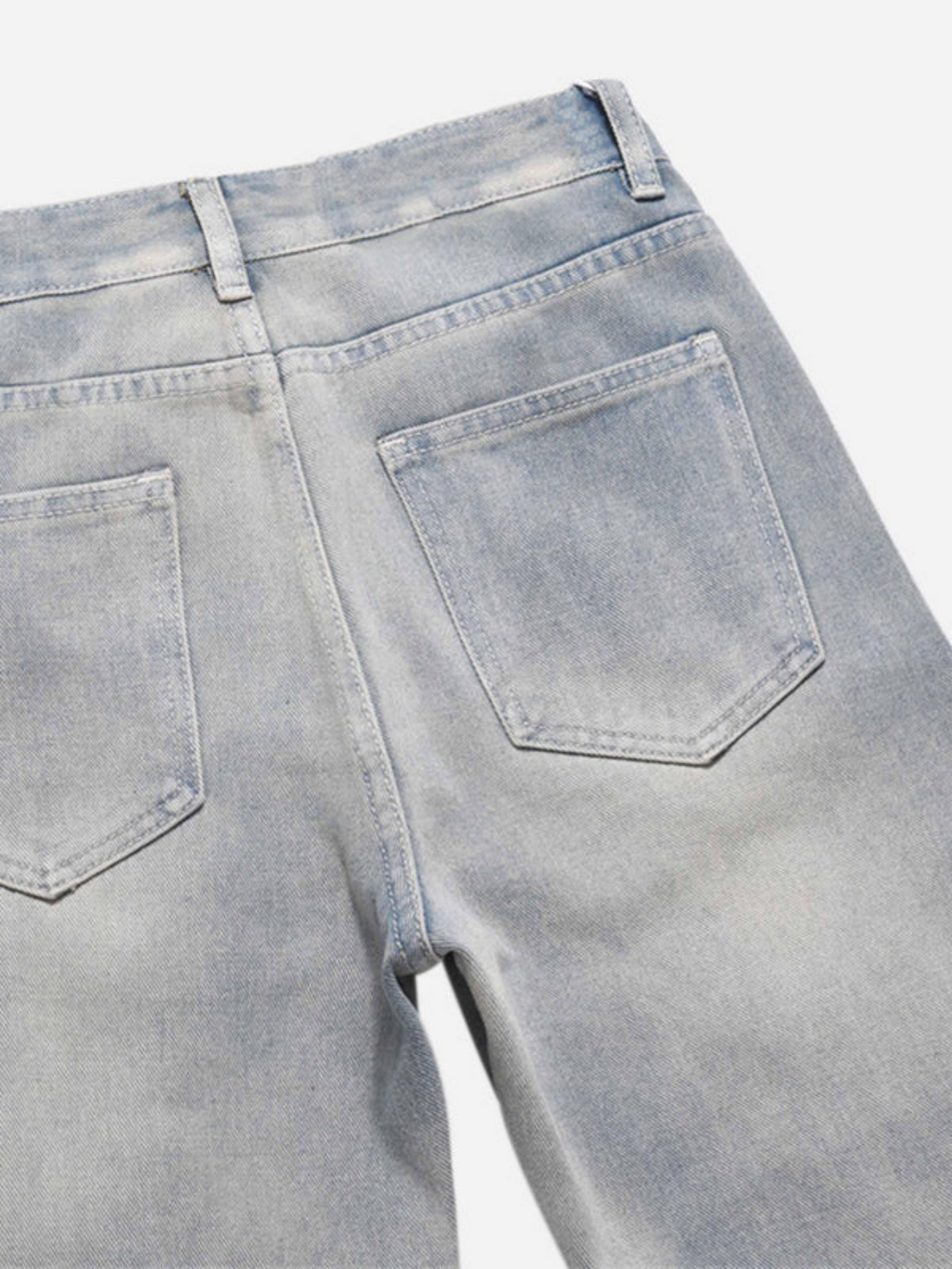 Light Blue Washed Zipper Straight Jeans | Adjustable Strap Relaxed Fit Denim Pants
