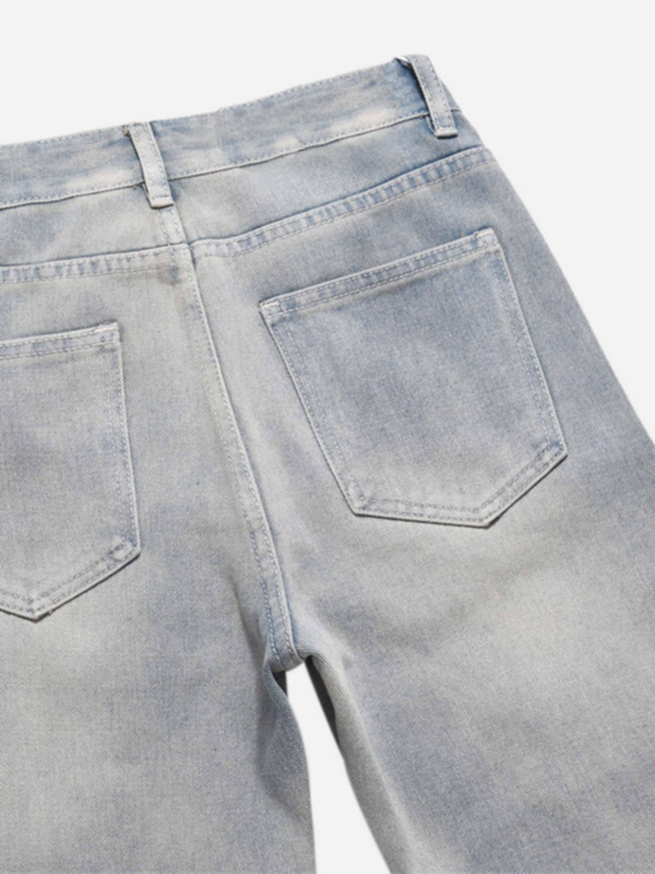Light Blue Washed Zipper Straight Jeans | Adjustable Strap Relaxed Fit Denim Pants