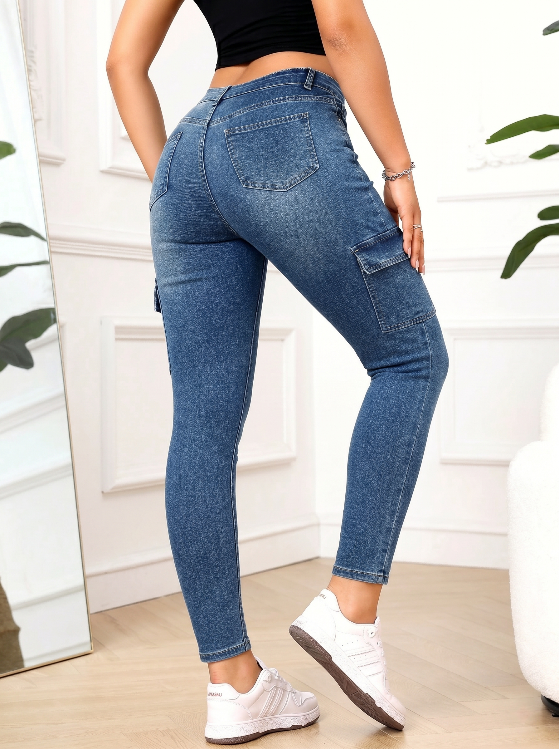 Women's High Waist Cargo Skinny Jeans - 3 Colors: Medium Blue, Dark Blue, White