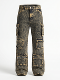 Men's Vintage Mineral Wash Cargo Jeans - Multi-Pocket Loose Straight Leg Denim Pants