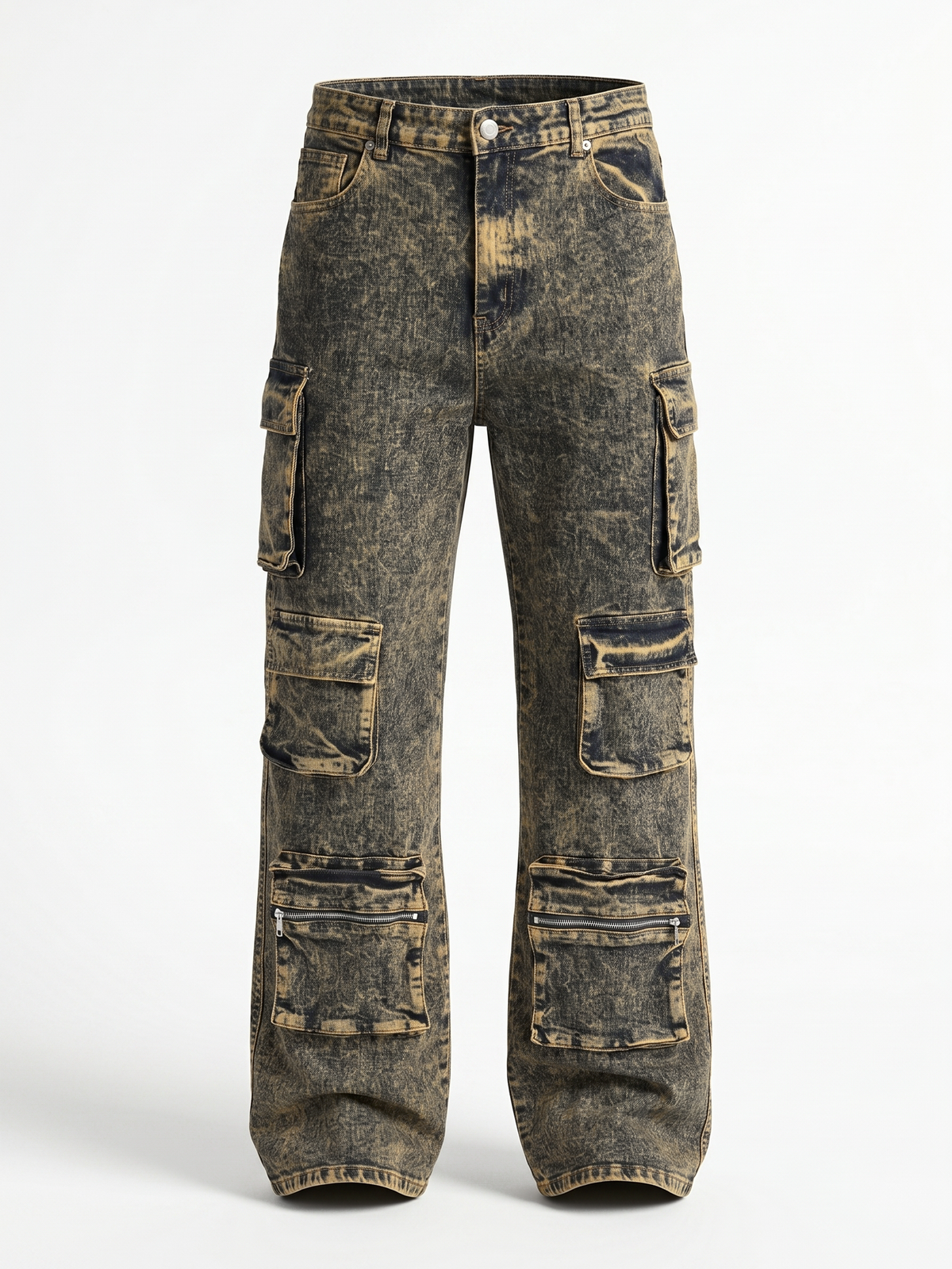 Men's Vintage Mineral Wash Cargo Jeans - Multi-Pocket Loose Straight Leg Denim Pants