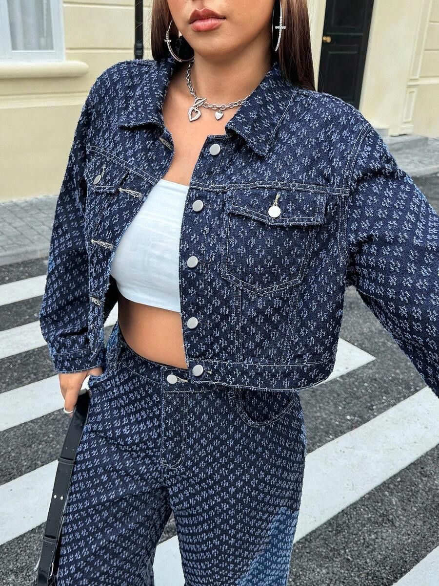 Plus Size Women All Over Monogram Print Denim Two Piece Outfit Cropped Button Down Jacket Wide Leg Loose Jeans Matching Set Streetwear