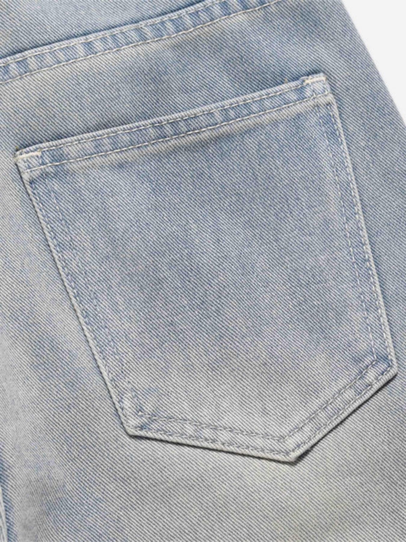 Light Blue Washed Zipper Straight Jeans | Adjustable Strap Relaxed Fit Denim Pants