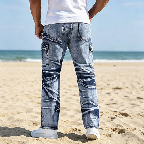 Men's Acid Wash Cargo Jeans - Loose Straight Leg Denim Pants with 3D Wrinkle & Faded Details