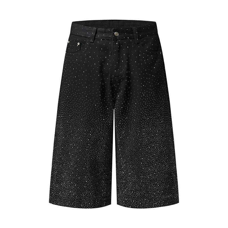 Rhinestone Denim Bermuda Shorts | Multi-Color High Waist Wide Leg Jorts for Women