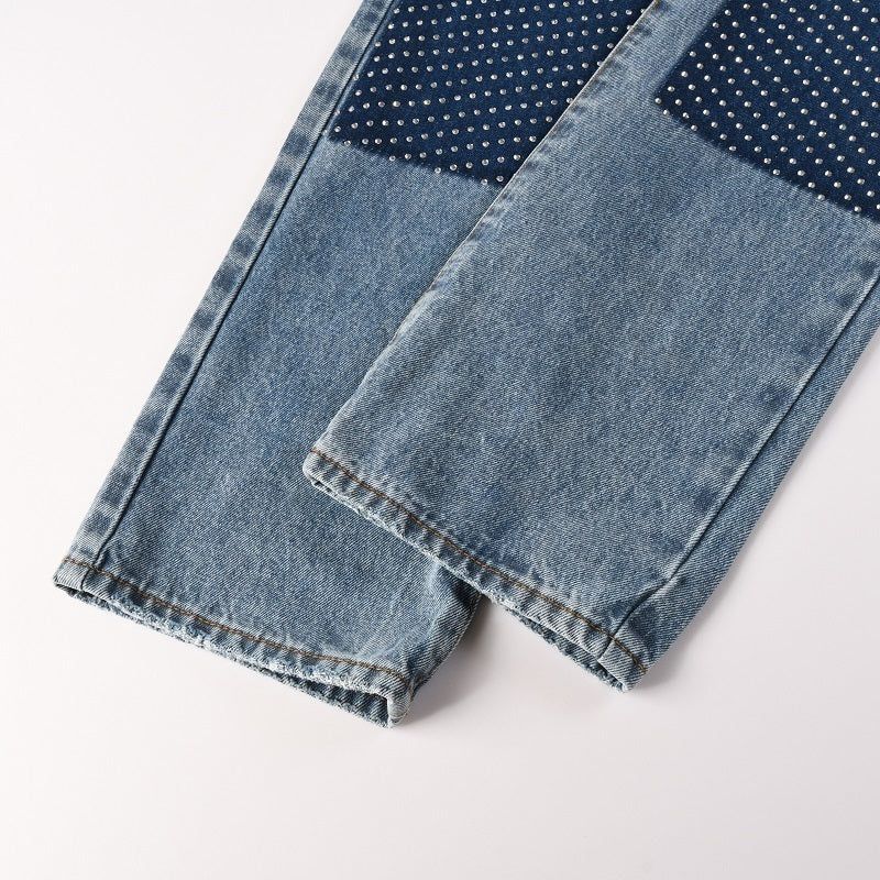 Blue Washed Carpenter Jeans | Studded Knee Patch Relaxed Fit Denim Pants