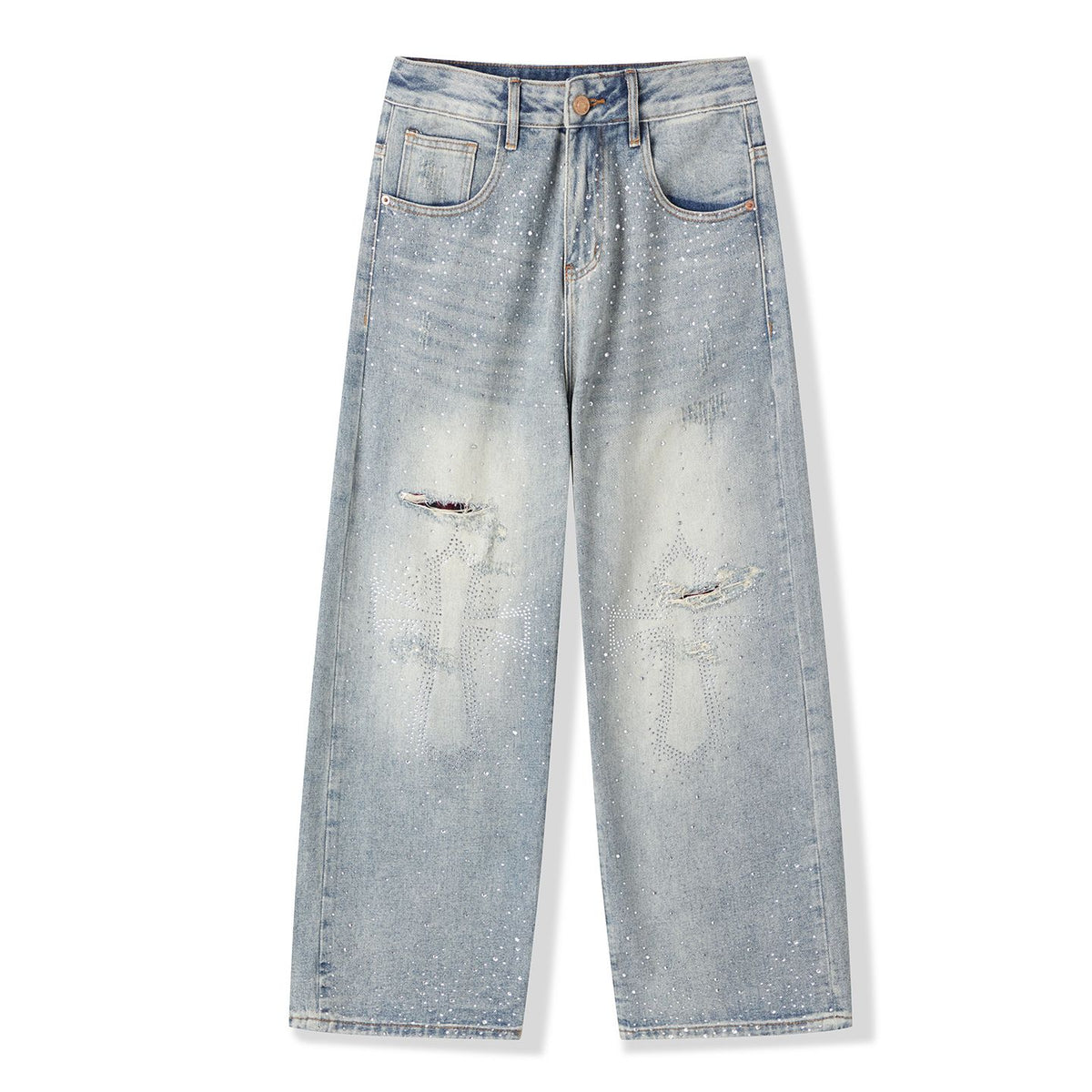 Light Blue Cross Rhinestone Jeans | Distressed Baggy Wide Leg Denim Pants