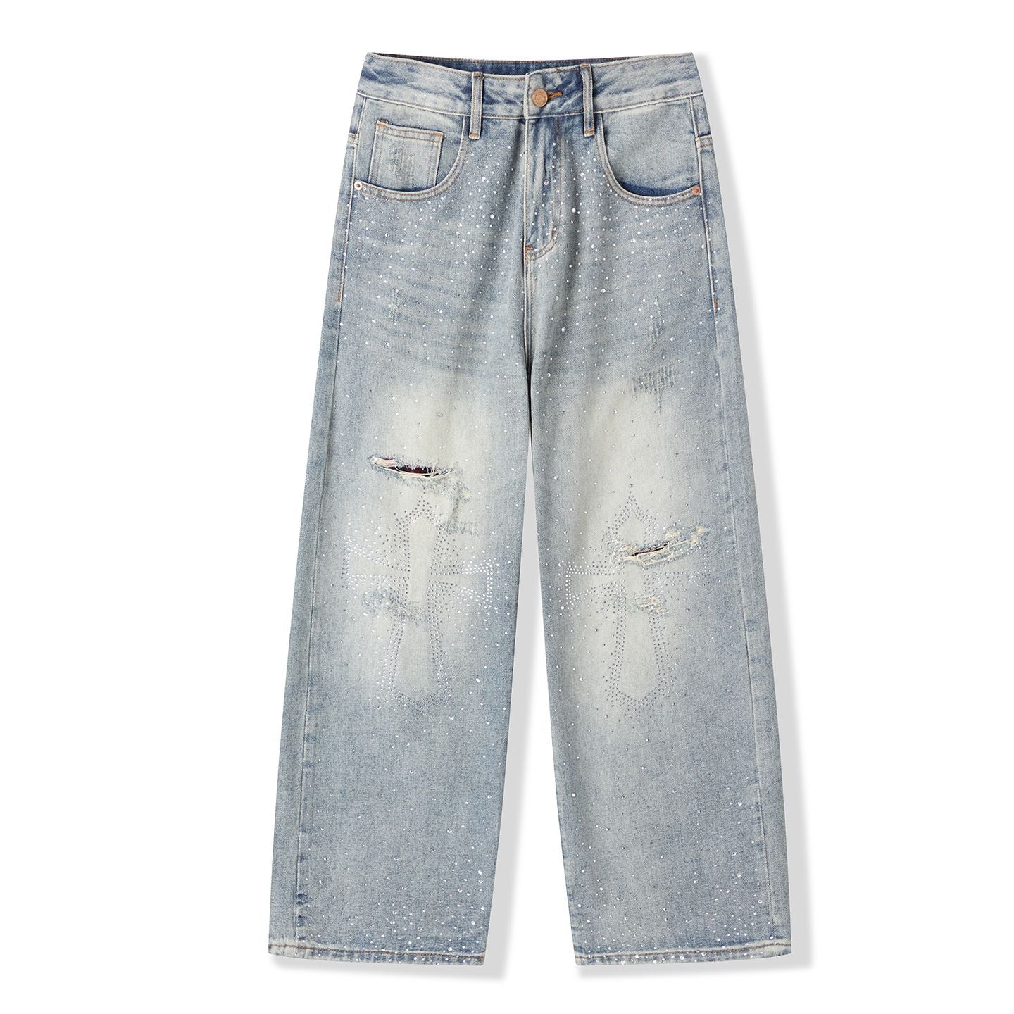 Light Blue Cross Rhinestone Jeans | Distressed Baggy Wide Leg Denim Pants