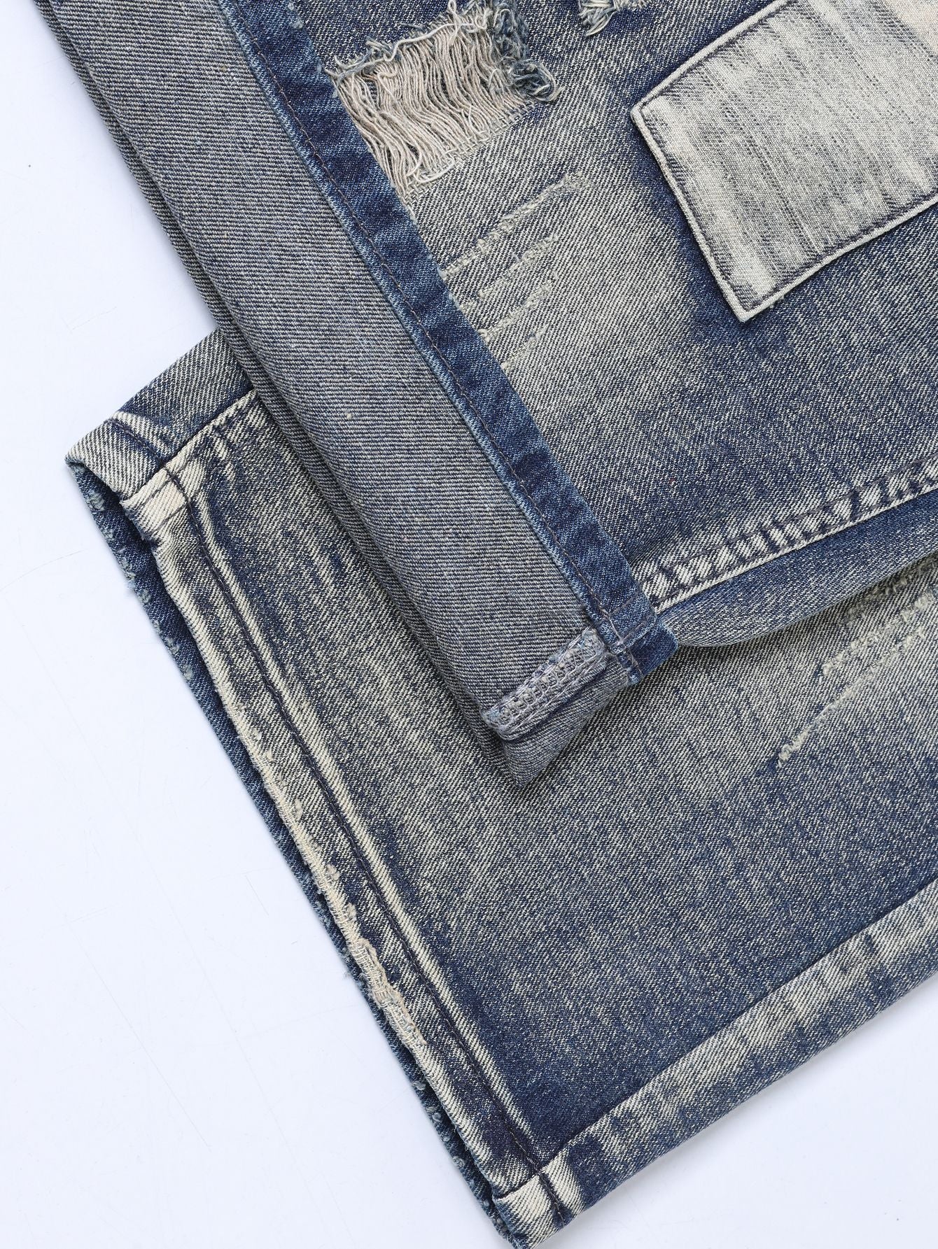 Men's Vintage Washed Denim Shorts - Distressed Patchwork Jean Shorts with Star Print Patches
