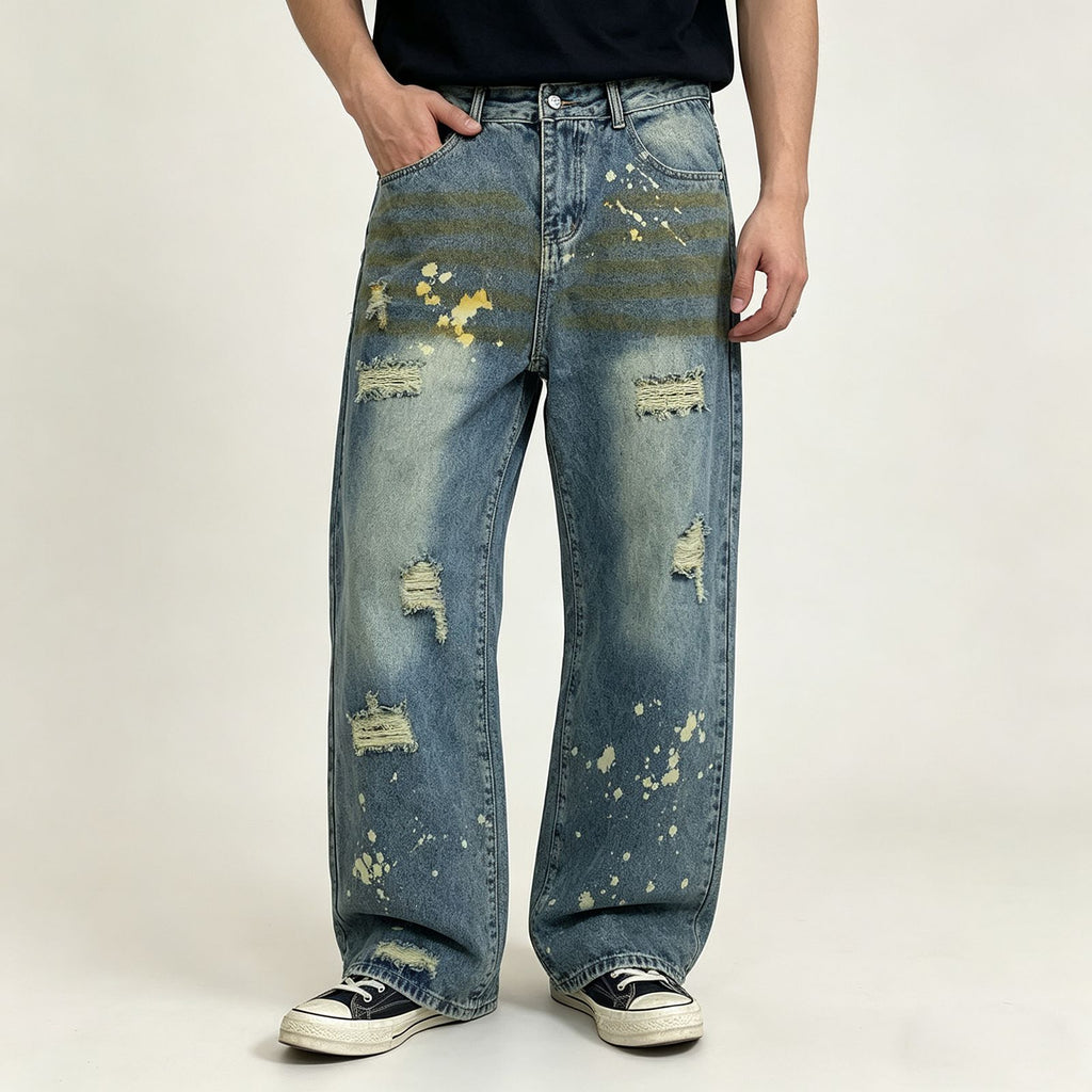 Men's Vintage Washed Baggy Jeans - Wide Leg Denim Pants with Paint Splatter & Distressed Details