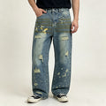 Men's Vintage Washed Baggy Jeans - Wide Leg Denim Pants with Paint Splatter & Distressed Details