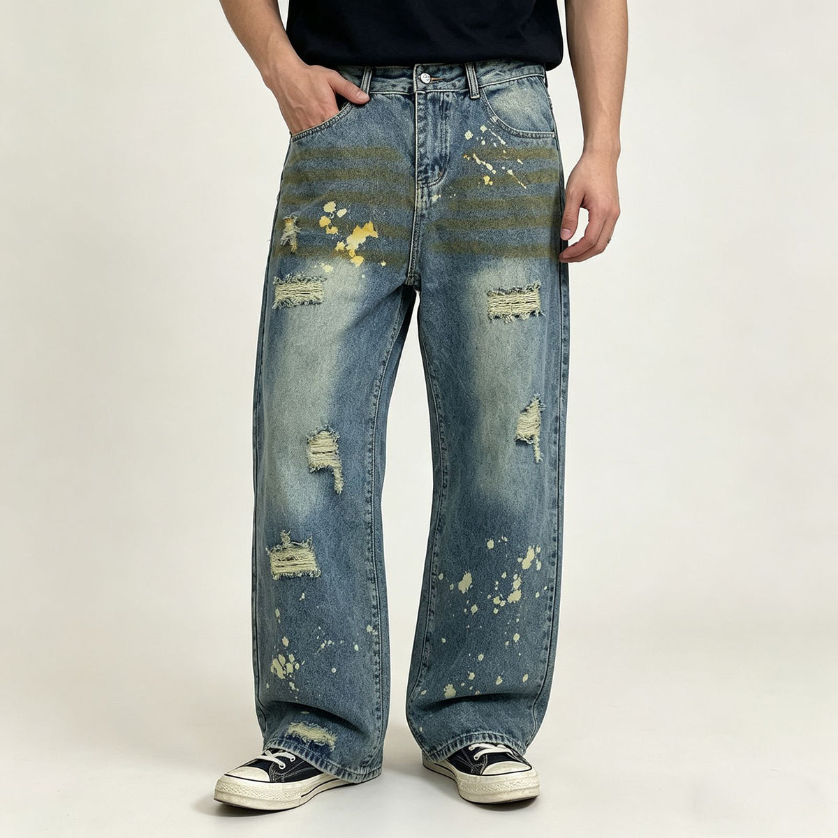 Men's Vintage Washed Baggy Jeans - Wide Leg Denim Pants with Paint Splatter & Distressed Details