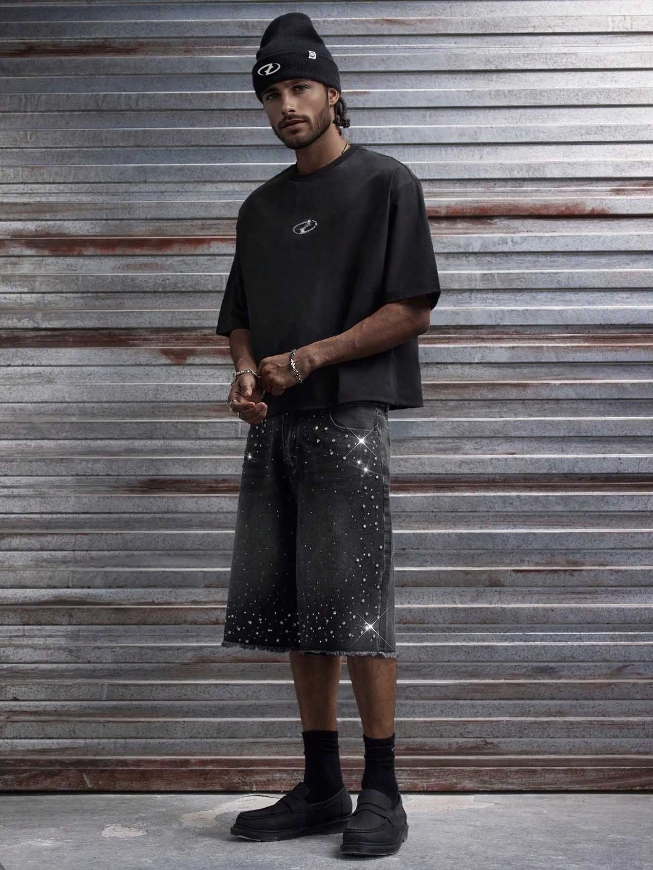 Men's Black Washed Baggy Denim Shorts - Rhinestone Embellished Jorts with Frayed Hem