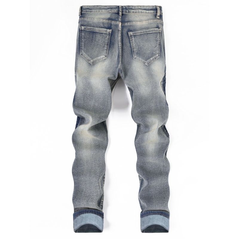 Men's Vintage Washed Biker Jeans - Slim Straight Leg with Patterned Patchwork & Zipper Detail