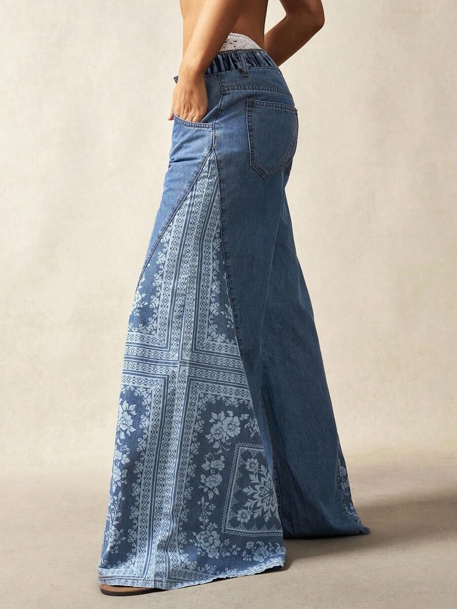 PLUS SIZE Women Boho Floral Bandana Print Patchwork Flare Jeans Light Wash High Waist Wide Leg Bell Bottom Denim Pants