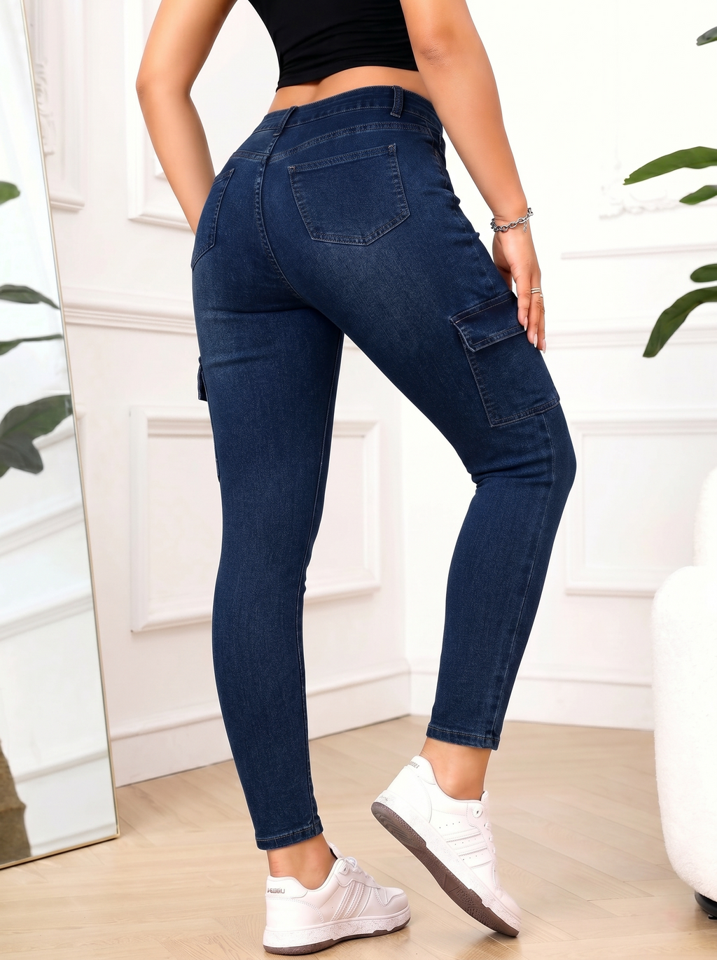 Women's High Waist Cargo Skinny Jeans - 3 Colors: Medium Blue, Dark Blue, White