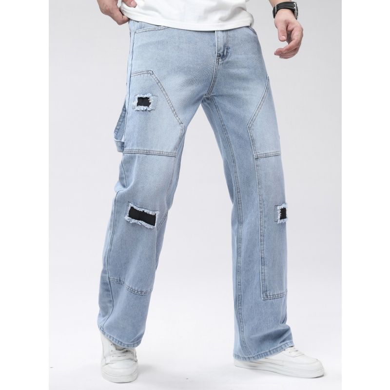 Men's Light Wash Cargo Jeans - Loose Straight Leg Denim Pants with Patchwork & Distressed Details