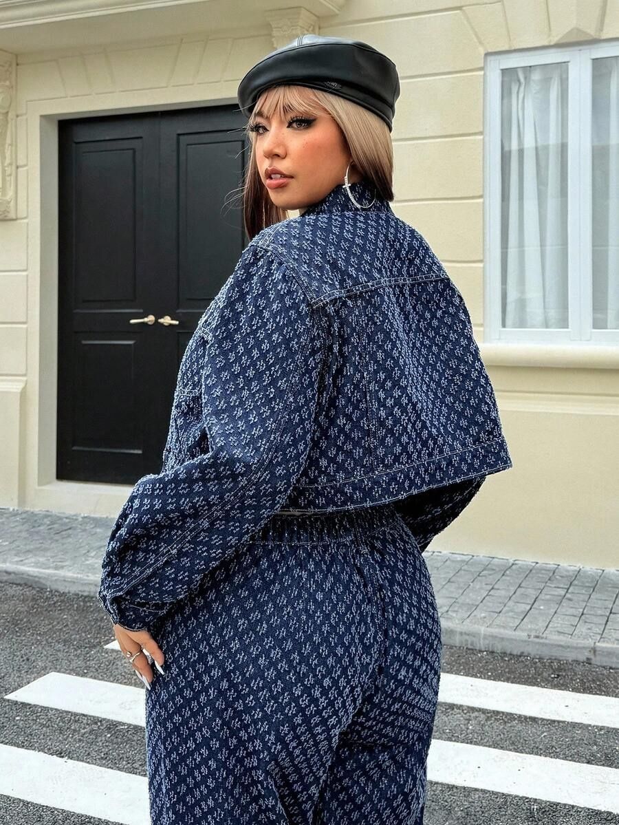 Plus Size Women All Over Monogram Print Denim Two Piece Outfit Cropped Button Down Jacket Wide Leg Loose Jeans Matching Set Streetwear
