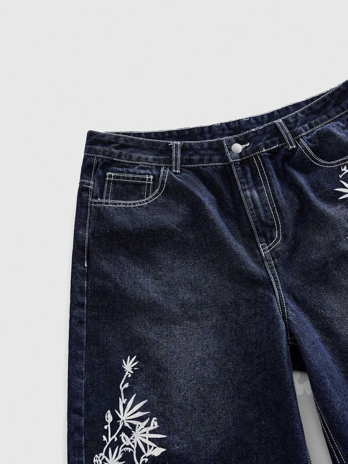 Men's Dark Wash Baggy Denim Shorts - Jorts with Leaf Embroidery Streetwear Detail