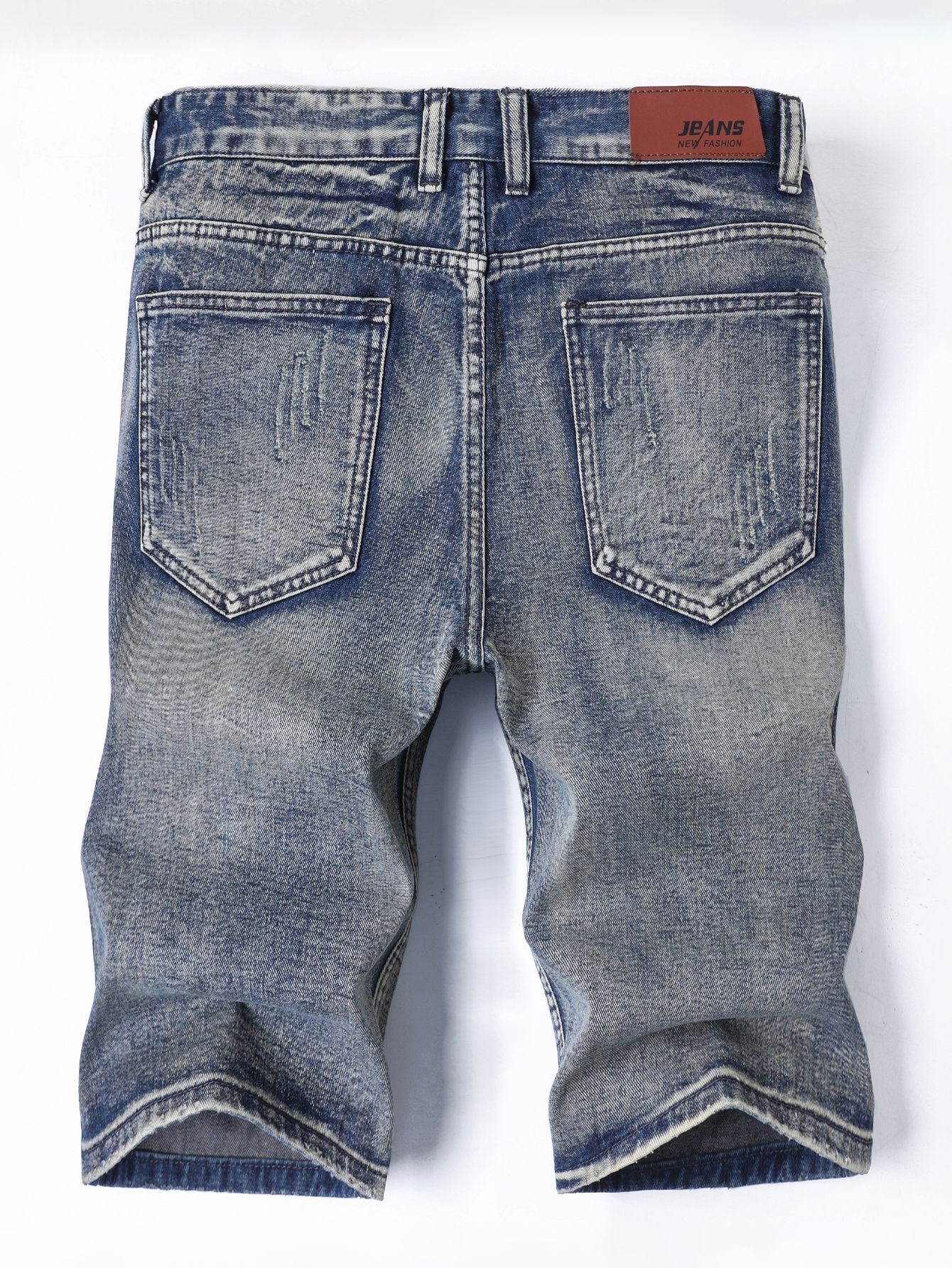 Men's Vintage Washed Denim Shorts - Distressed Patchwork Jean Shorts with Star Print Patches