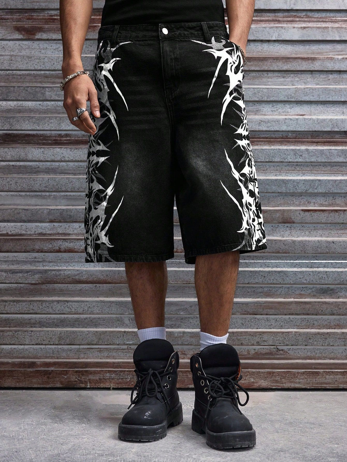 Men's Black Washed Baggy Denim Shorts - Tribal Print Streetwear Jorts