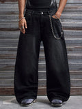 Men's Black Washed Baggy Jeans - Wide Leg Denim Pants with Religious Embroidery Detail