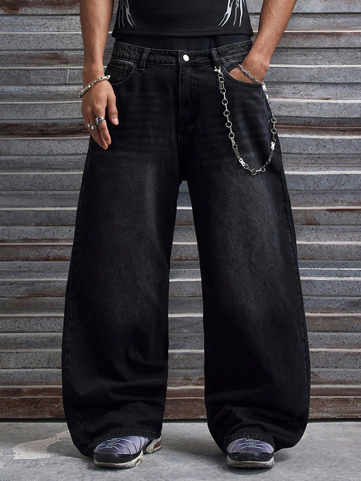 Men's Black Washed Baggy Jeans - Wide Leg Denim Pants with Religious Embroidery Detail