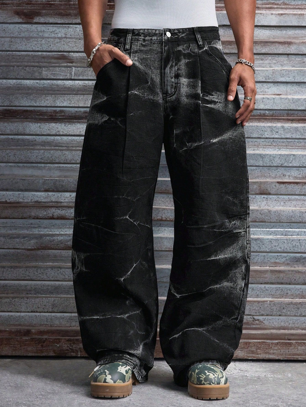 Men's Black Washed Baggy Jeans - Wide Leg Denim Pants with Tie-Dye Effect & Red Embroidery
