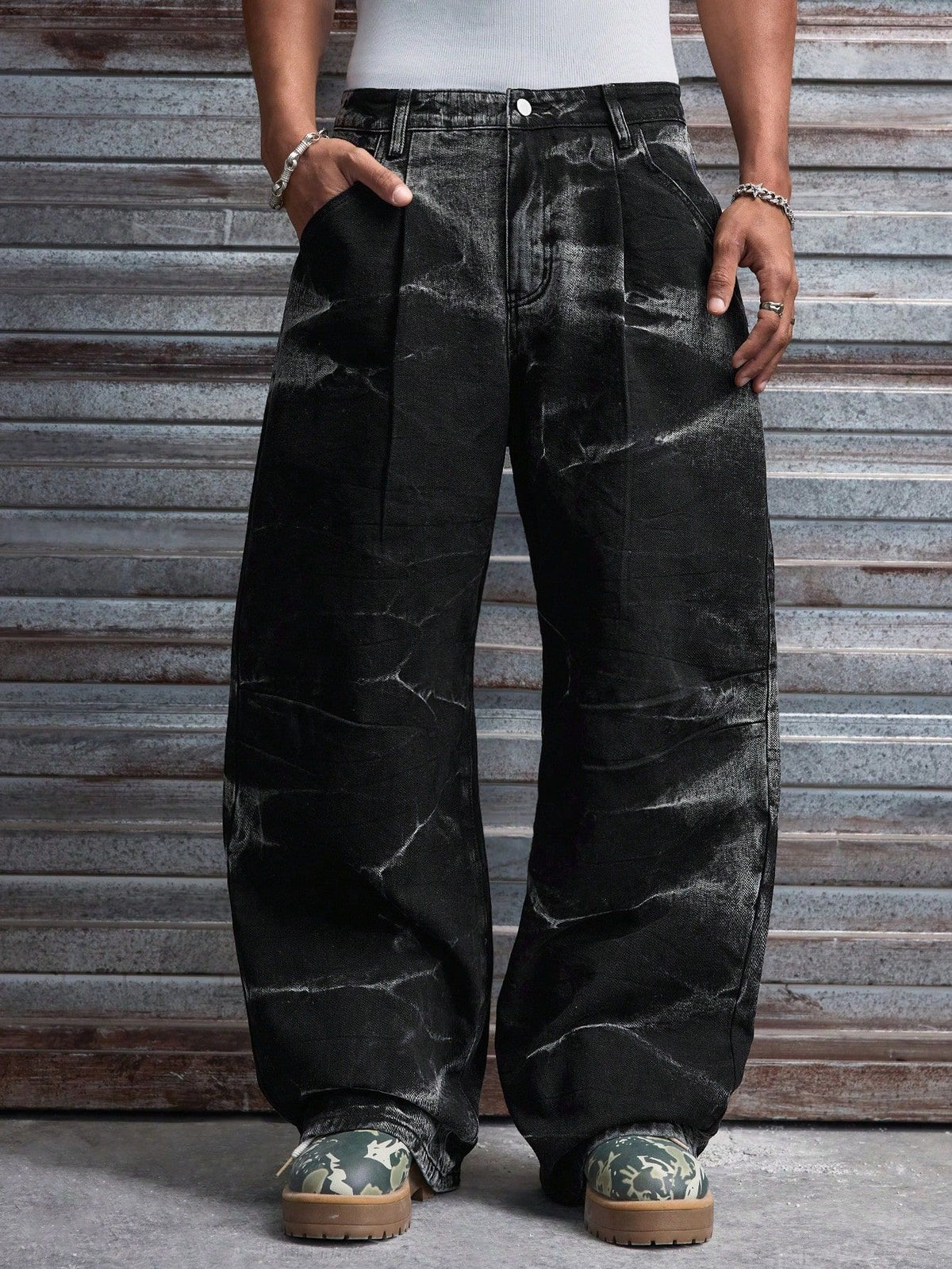 Men's Black Washed Baggy Jeans - Wide Leg Denim Pants with Tie-Dye Effect & Red Embroidery
