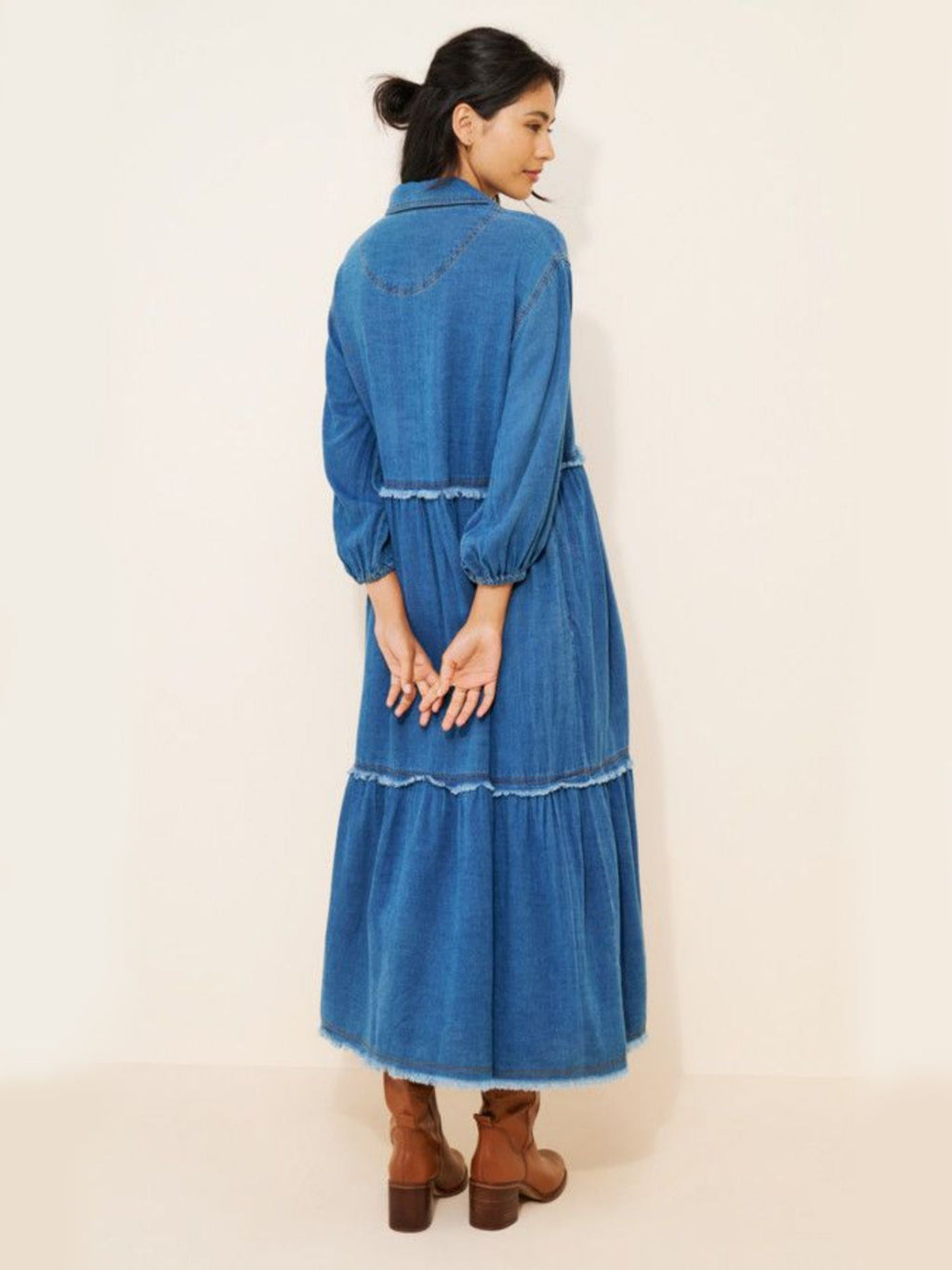 Plus Size Women Frayed Tiered Denim Midi Dress Collar Half Button 3/4 Puff Sleeve Loose Casual Babydoll Jean Dress For Curvy Figures
