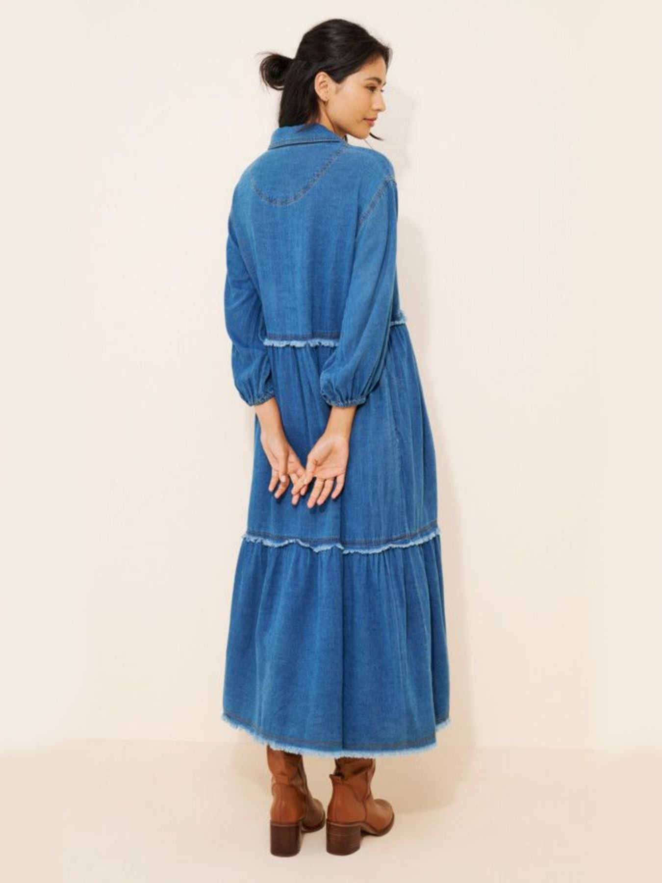 Plus Size Women Frayed Tiered Denim Midi Dress Collar Half Button 3/4 Puff Sleeve Loose Casual Babydoll Jean Dress For Curvy Figures