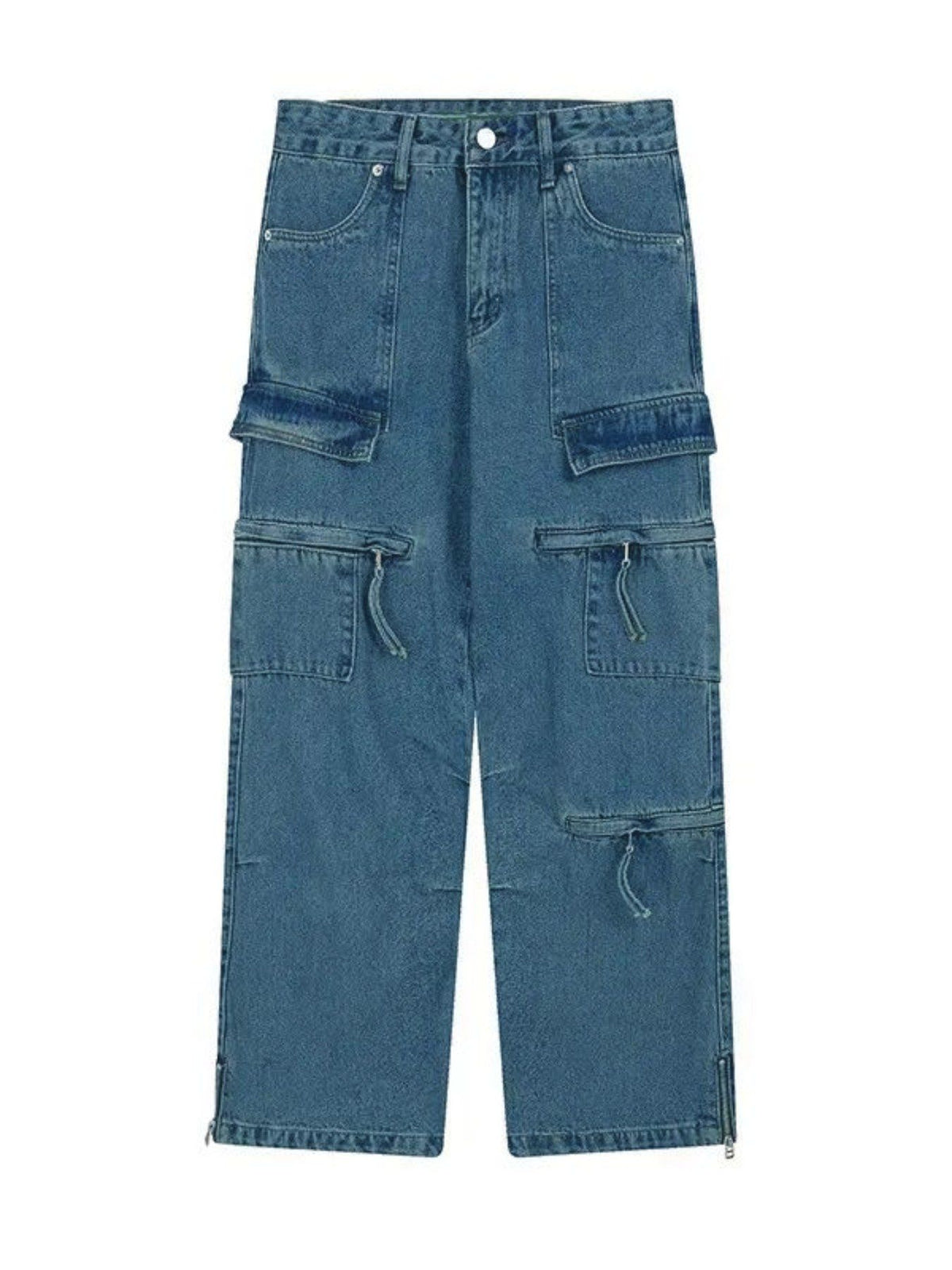 Blue Multi-Pocket Cargo Jeans | Drawstring Wide Leg Denim Pants with Zipper Hem