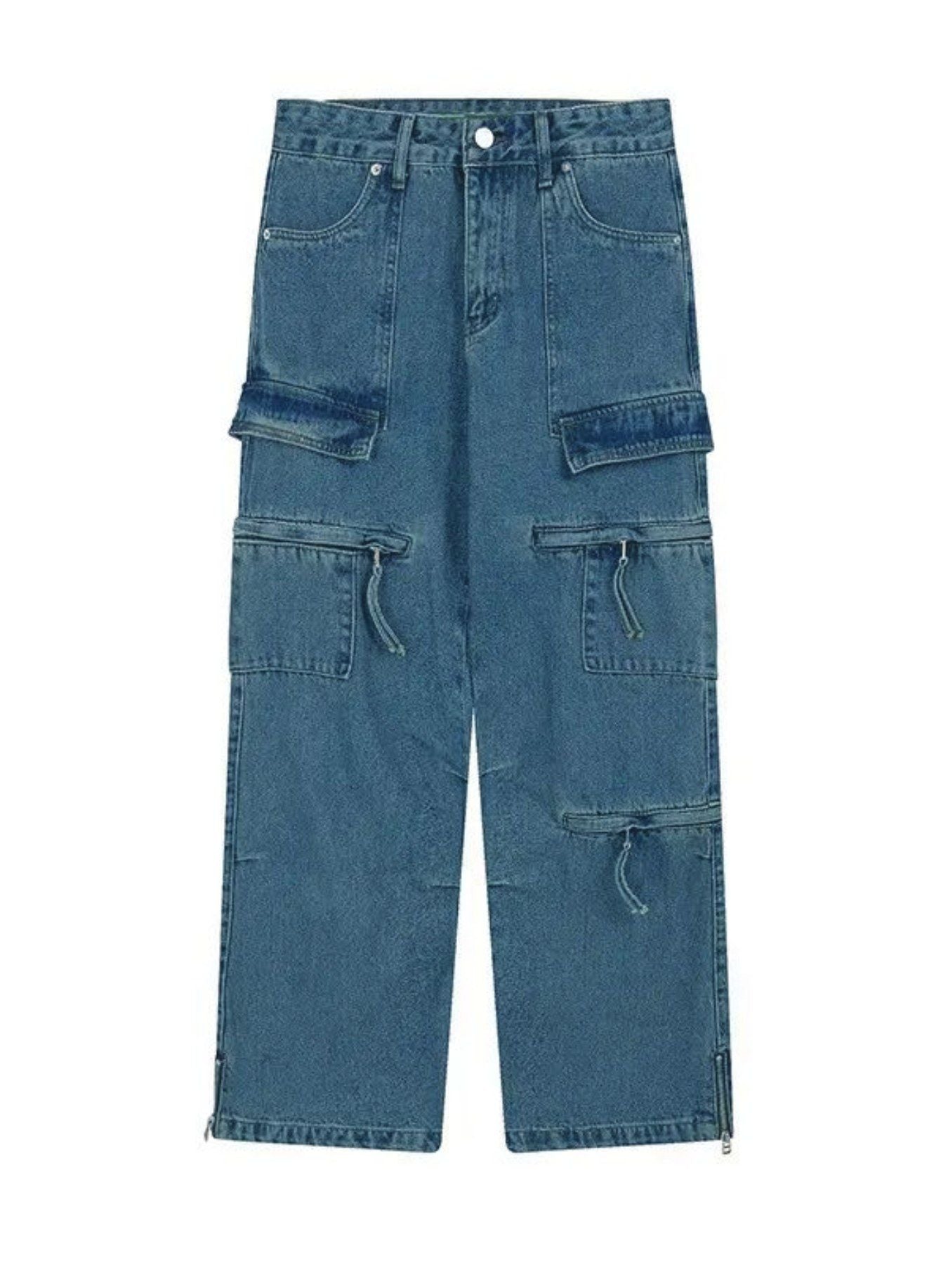 Blue Multi-Pocket Cargo Jeans | Drawstring Wide Leg Denim Pants with Zipper Hem