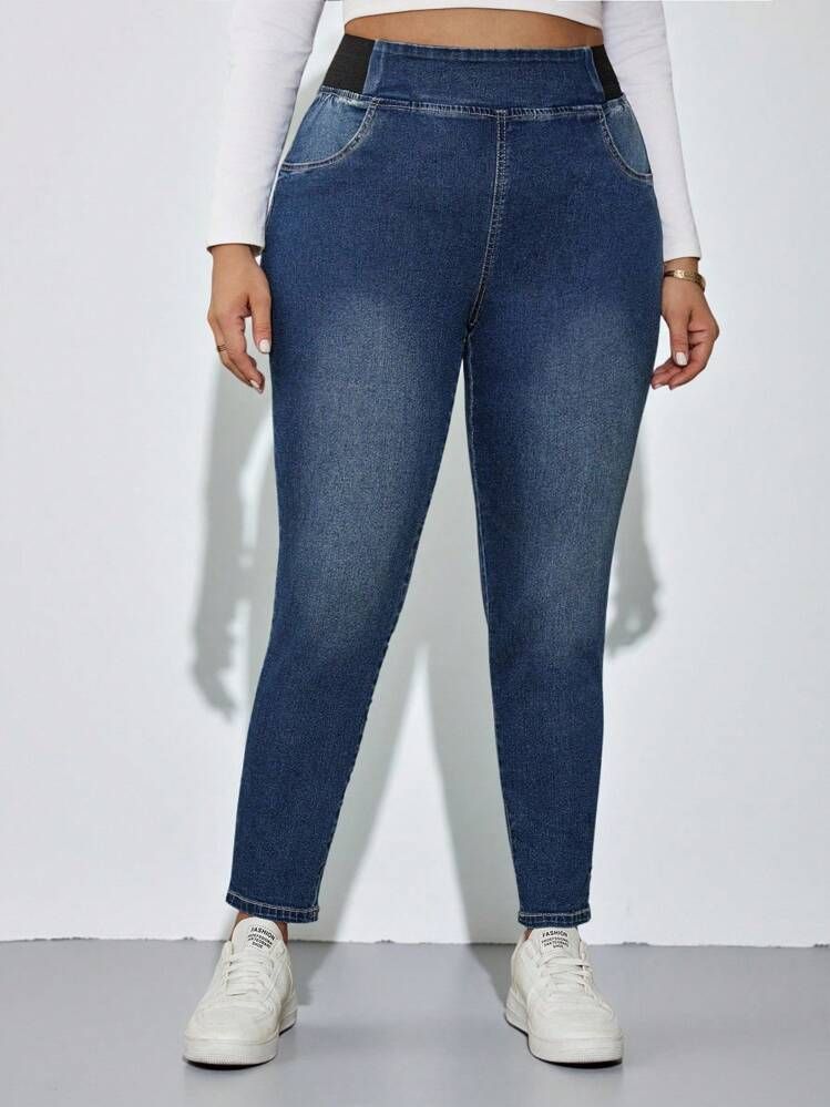 Plus Size Women High Waist Elastic Side Band Skinny Ankle Jeans Dark Blue Stretch Washed Cropped Denim Pants For Curvy Figures