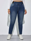 Plus Size Women High Waist Elastic Side Band Skinny Ankle Jeans Dark Blue Stretch Washed Cropped Denim Pants For Curvy Figures