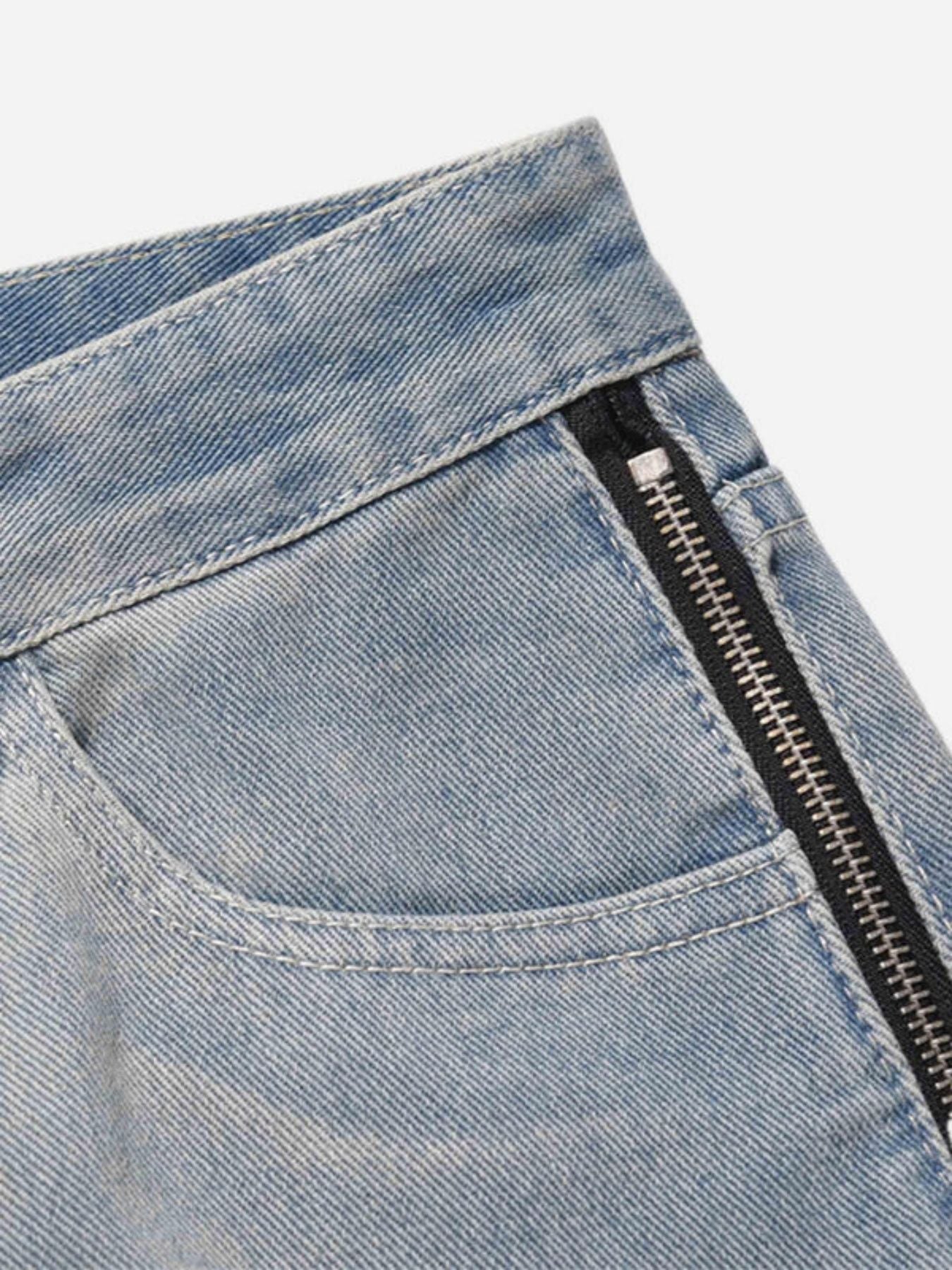 Light Blue Washed Zipper Straight Jeans | Adjustable Strap Relaxed Fit Denim Pants