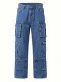 Men's Vintage Wash Cargo Jeans - Multi-Pocket Loose Straight Leg Denim Pants