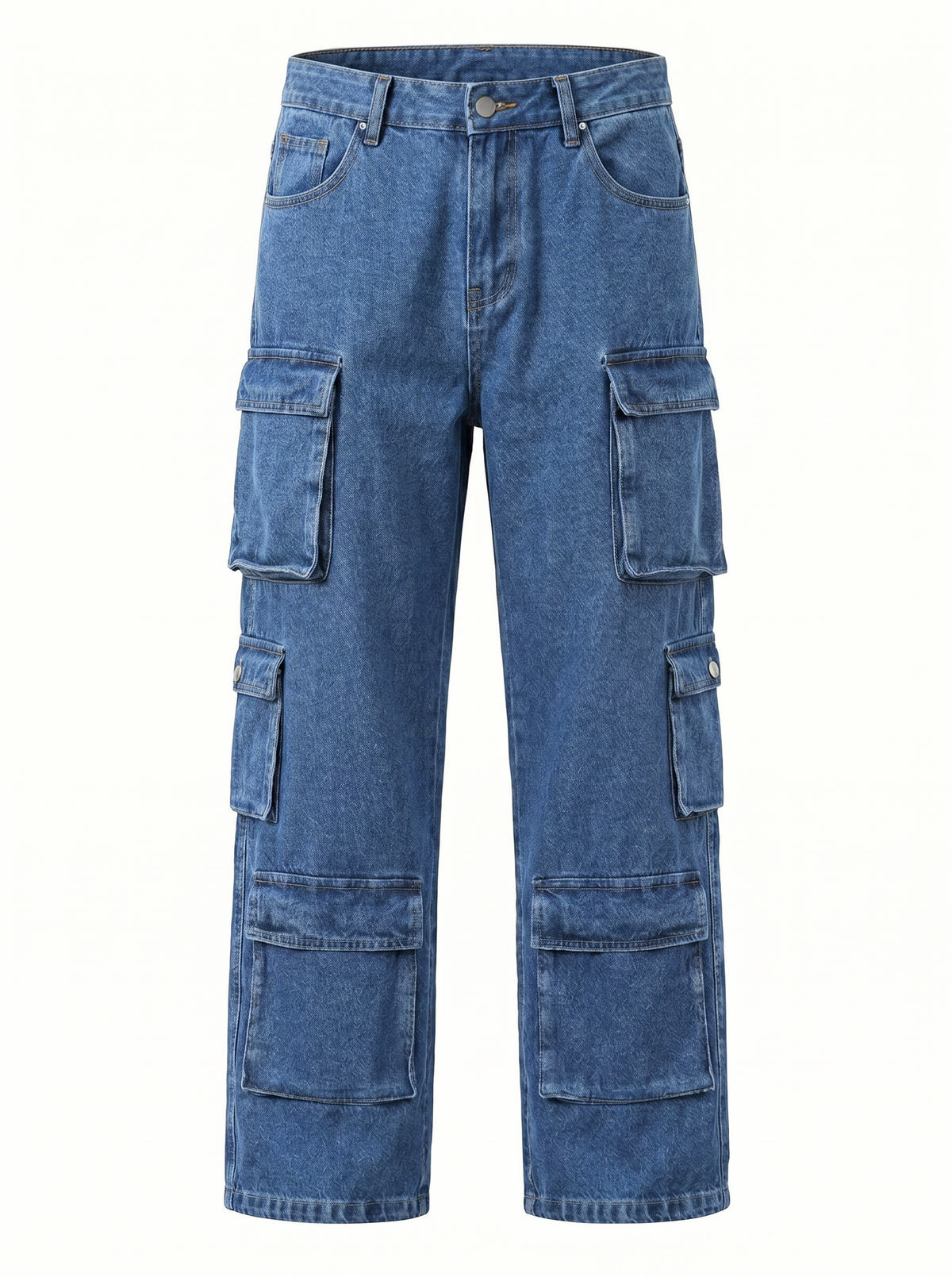 Men's Vintage Wash Cargo Jeans - Multi-Pocket Loose Straight Leg Denim Pants