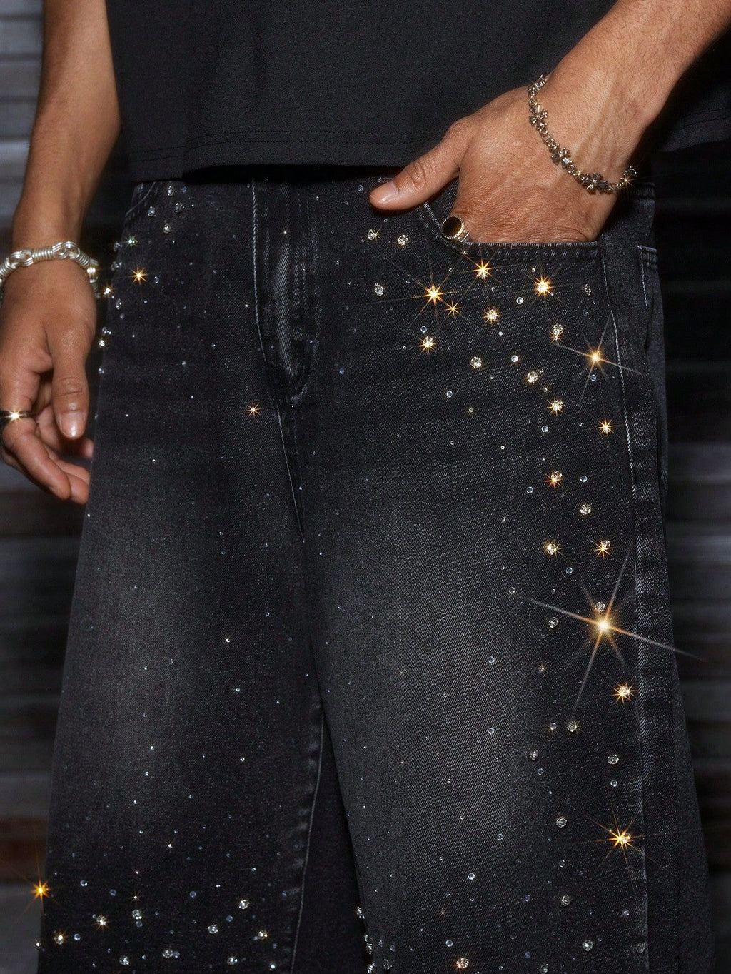 Men's Black Washed Baggy Denim Shorts - Rhinestone Embellished Jorts with Frayed Hem