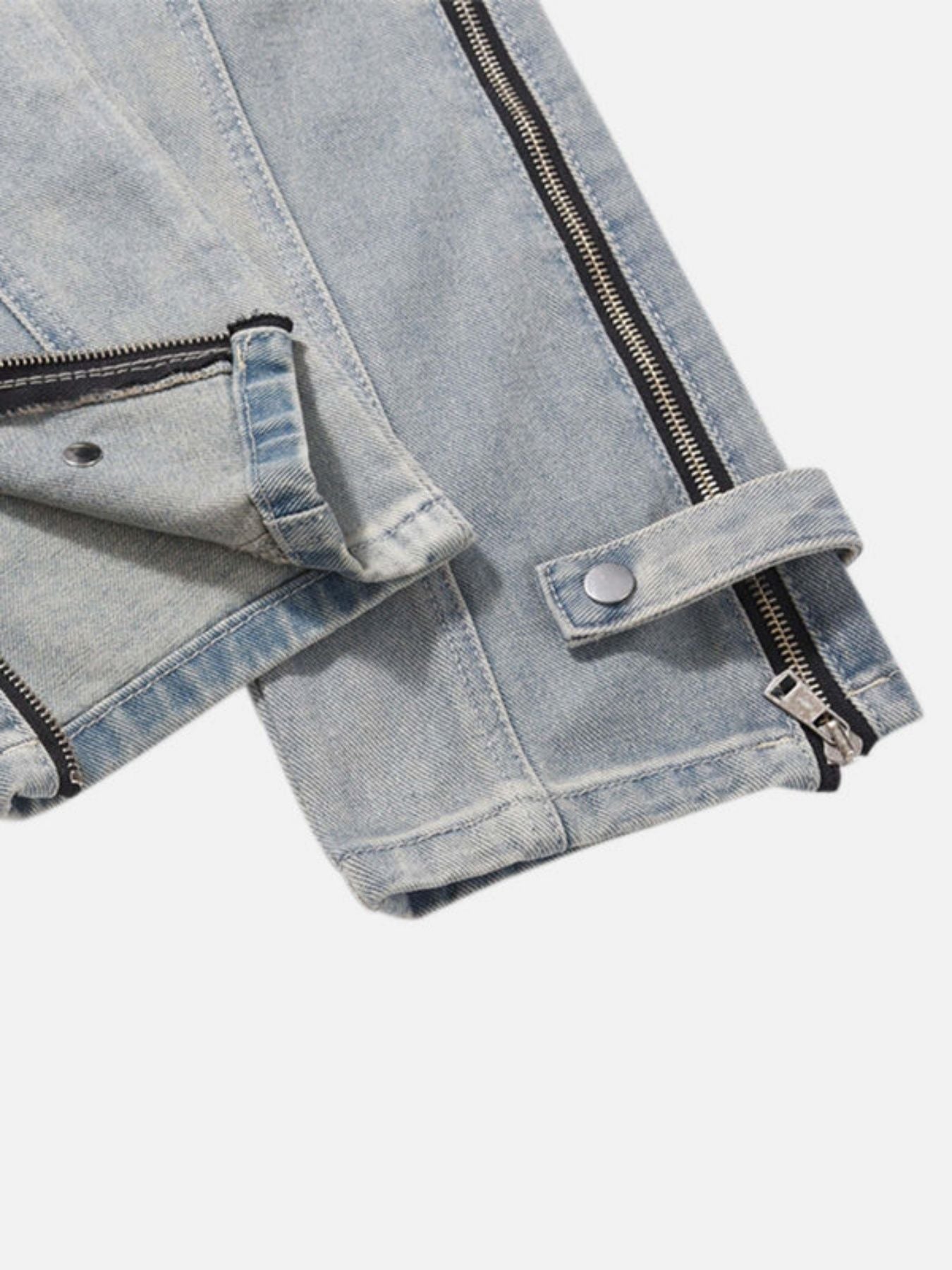 Light Blue Washed Zipper Straight Jeans | Adjustable Strap Relaxed Fit Denim Pants