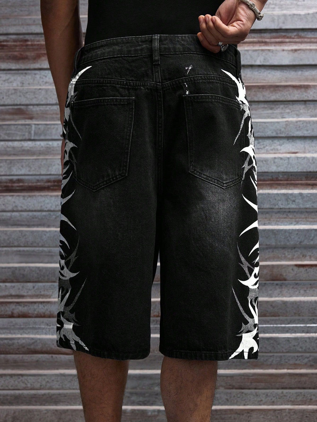 Men's Black Washed Baggy Denim Shorts - Tribal Print Streetwear Jorts